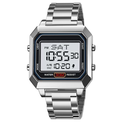 Mens Digital Watch for Men, Stainless Steel Square Watches, Digital Wrist Watches Waterproof Dual Time Date Watch