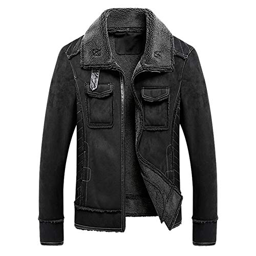 Biddtle Herren Plus Samt Lederjacke Patch Dekoration Langarm Revers Reißverschluss Punk Motorradjacke Western Highway Rockabilly,Schwarz,L