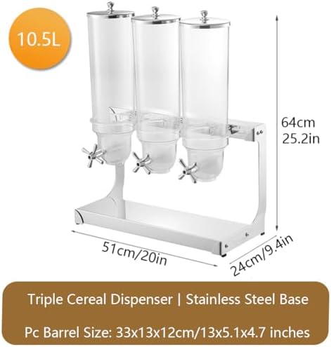 Miniatura 7 de Dispensador de cereales triple para encimera, contenedor de almacenamiento de alimentos secos de 10.5 L con base de acero inoxidable, organizador de
