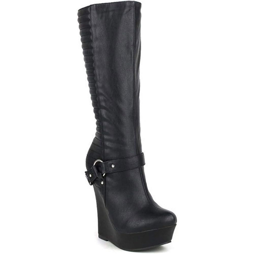 Stivali da moto invernali con tacco alto Stivali con zeppa a tubo ﻿medio Stivali da donna Cintura con catena in metallo Piattaforma impermeabile scarpe/Black/35EU