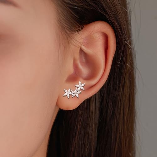 XAYAH Dainty 925 Sterling Silver Cz Flowers Ear Crawler Stud Earrings for Women Small Trend Crystal Flower Cuff Wedding Earrings for Bride Mom White Cubic Zirconia Christmas Birthday Jewelry Gifts4