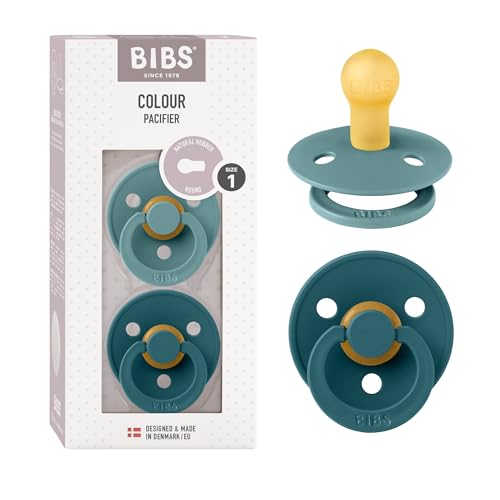 Image of BIBS Pacifiers Colour Collection | Natural Rubber Baby Pacifier | Round Nipple | Set of 2 BPA-Free Soothers | Made in Denmark | 0+ Month (Pack of 2) | Island Sea/Forest Lake