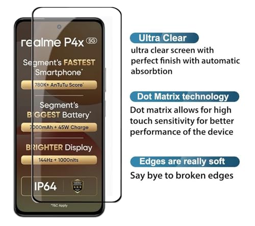 Image of HD Tempered Glass Screen Protector Compatible for Realme P4X 5G with Edge to Edge coverage and Easy Installation kit