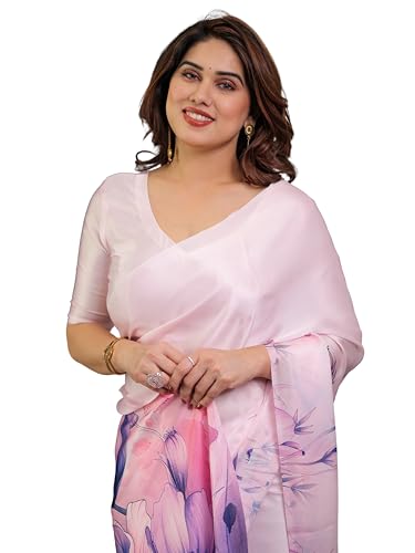 Image of ALMAARI FASHION Satin Georgette Floral Printed Saree with Blouse, 5.5 Meter Saree with 0.8 Meter Blouse, Traditional (SG 107 SH)