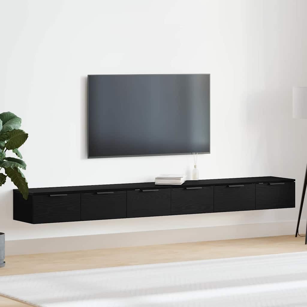 Wandregal Set 2 Stück aus Holzwerkstoff Schwarz Eiche Matt 204 x 30 x 20 cm Schwebendes Regal mit 5 Türen und 2 Ablageböden für Wohnzimmer Bücher und Deko