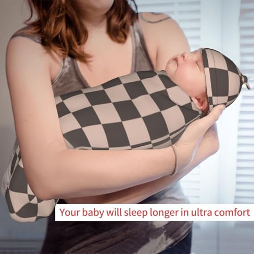 Image of Coffee Brown Checkered Plaid Swaddle Blanket with Beanie Hat Set Newborn Swaddle Wrap Soft Baby Receiving Blankets Baby Swaddle Sack for Baby Boys and Girls