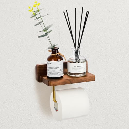 Mayhas Walnut Toilet Paper Holder Wall Mount with Shelf, Wooden
