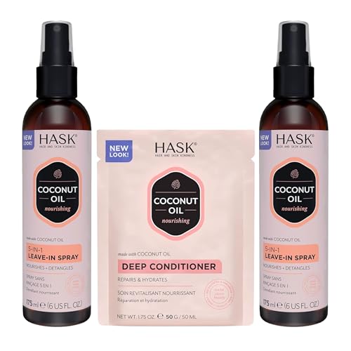 HASK 5-in-1 Coconut Leave-In Conditioner Duo (6oz-Qty 2) & Deep Conditioner Packette Color Safe Sulfate-Free Paraben-Free Gluten-Free for All Hair Types