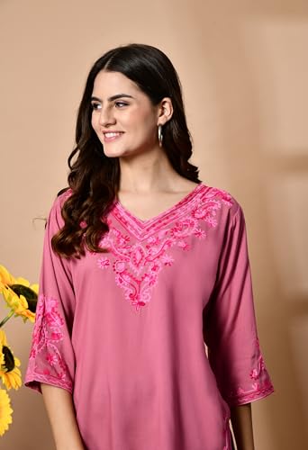 Image of LIBOZA Embroidered Kashmiri Tunic Top, Short Kurti for Women on Jeans, V-Neck, 3 /4 Sleeve, Floral Design,