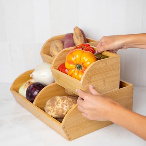 Potato and Onion Storage Bin – Stackable Ventilated Bamboo Storage System for Kitchen Counter or Pantry – Multi-Level Produce Organizer for Garlic, Fruits & Vegetables - Image 3