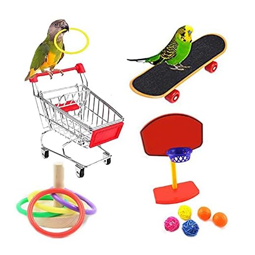 Holzsammlung 4 Pcs Juguetes para Pajaros Periquitos Juguetes Interactivos para Pajaros Entrenamiento de Inteligencia Juguetes Juguetes de Forrajeo, con Mini Carrito de Compras