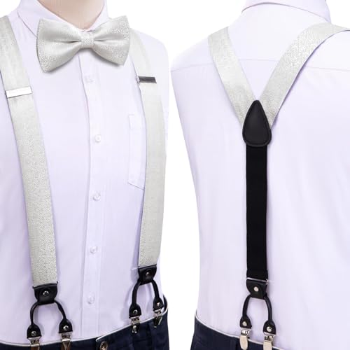Image of Hi-Tie Men Suspender Bowtie Set Suspenders Pre-tied Bow Tie Pocket Square Cufflinks Adjustable Y Shape 6 Clips Braces Tuxedo