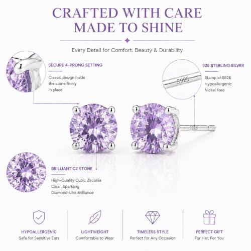 925 Sterling Silver Purple CZ Stud Earrings for Women Birthstone Jewelry - image 4