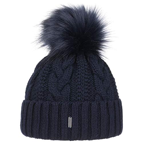 McBurn Cable Knit Umschlagmütze Bommelmütze Mütze Pudelmütze Strickmütze Damen - Made in Italy Wintermütze Wollmütze mit Umschlag, Futter, Futter Herbst-Winter - One Size dunkelblau Cover