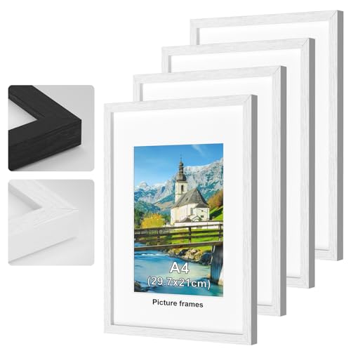 4Pack A4 Picture Frame White Wooden Picture Frames 29.7x21cm Photo Frame with Perspex Glass With Stand and Wall Mountable Horizontal or Vertical Wall Mounting Bedroom and Living Room Decoration
