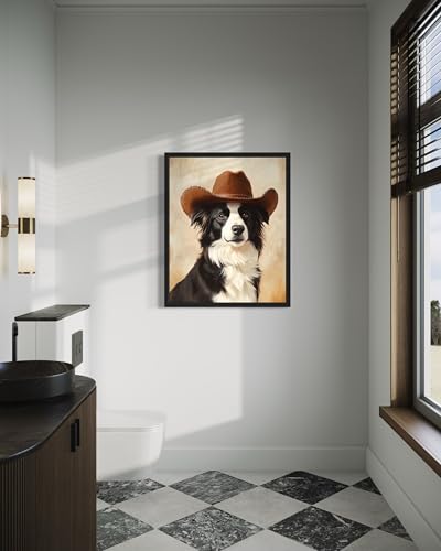 Image of Border Collie Cowboy Hat Wall Black Framed Art Print Poster, Dog Pet Lover Picture Painting Artwork Bedroom Living Room Office Dining Room 150D (Border Collie Cowboy Hat, 14 inch L x 11 inch W, Black Frame)