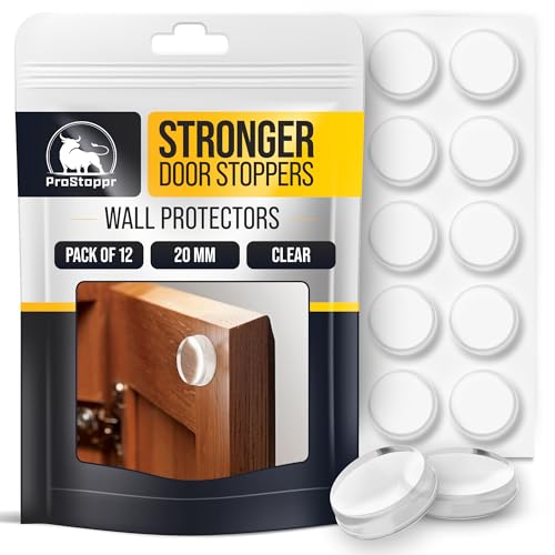 Image of ProStoppr Clear Door Stoppers - X-Small 0.8 inch (12 Pack) - Door Stoppers for Wall with Strong Back Adhesive - Quiet and Shock Absorbent Silicone Wall Protectors from Door Knobs - Protects Every Surface