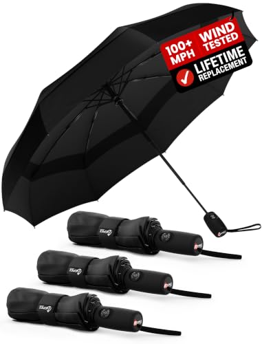 Image of Windproof Travel Umbrella - Compact & Withstands Winds up to 100MPH, Strongest Premium Auto Folding Umbrella for Rain and Sun - Durable, Light & Portable for Women & Men, Fits Backpack & Cars
