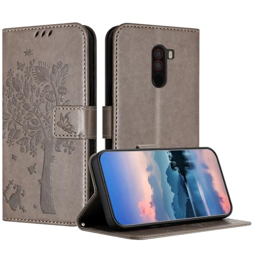 JayModHülle Hülle für Xiaomi Pocophone F1, Leder Klapphülle Schutzhülle mit [Kartenfach] [Standfunktion] [Magnetverschluss] Handyhülle Kompatibel mit Xiaomi Pocophone F1 - Grau