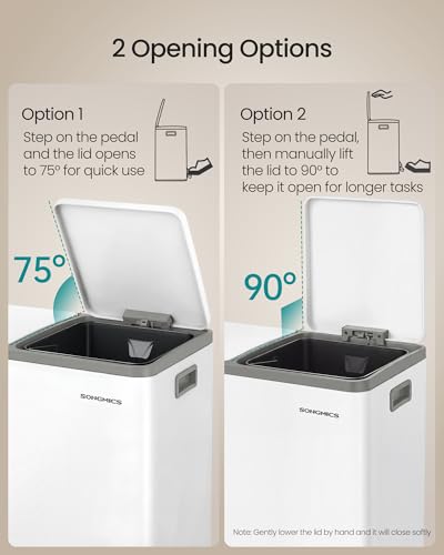 Image of SONGMICS Trash Can, Double Compartment Garbage Can, Stainless Steel | 2 X 8 Gallon (2 x 30 L) for Recycling, with 15 Liner Bags, Soft-Close Lids, Removable Buckets, White ULTB160WZ01