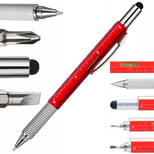 Stylo multifonction 6-en-1 avec 6 fonctions : stylo, niveau, 2 tournevis, règle, pointe tactile | Outil multifonction pour bricolage ou ordinateur | Stylo multifonction professionnel (rouge)