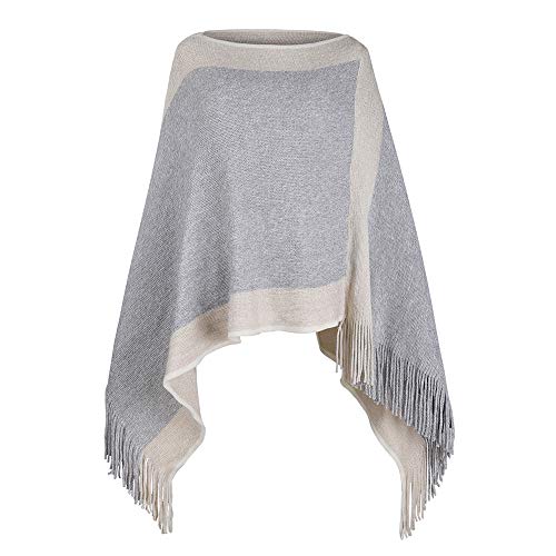 Image of Women's Elegant Knitted Shawl Poncho with Fringed V-Neck Striped Sweater Pullover Cape Gifts for Women Mom