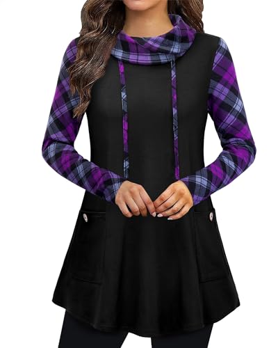 Bulotus Fall Sweaters for Women 2025 Cowl Neck Asymmetrical Long Tunics for Leggings Vacation Travel Tops with Pockets