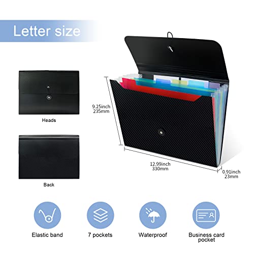 Jimeiqi Expanding File Folder, 7 Pockets File Organizer, Accordion File Organizer Letter Size Letter A4 Paper For Receipts With Elastic Band/Colored Tab For Schoo,Home (Black) #TOP2