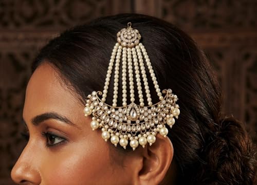 Image of Gold-Plated Head Passa Jewelry For Women Kundan Pearl Studded & Beaded Passa /Matha Patti Jhoomar Jewellery for Women & Girls Birthday Gifts