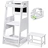 Toetol bamboo toddler step stool white kitchen counter learning helper standing tower ktchen stool for toddler 3 height adjustable with chalkboard message boards small step stool non slip mat  urban country home decor