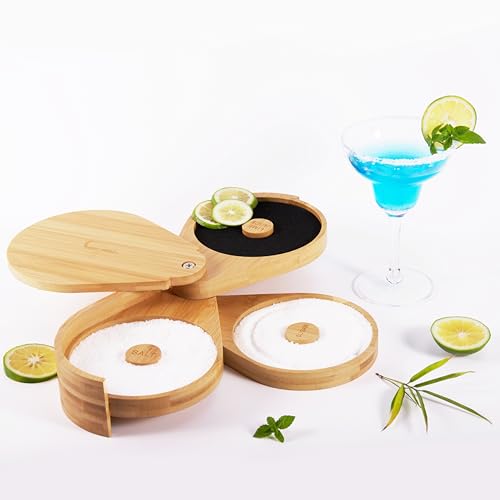 JUEGD Margarita Salt Rimmer Set, 3 Tier Bamboo Salt Rimmer, Party Bar Margarita Salt Rimmer, Bloody Mary Salt Rimmer for Cocktails, with Juice Sponges, Anti-Slip mats, and Screwdriver.