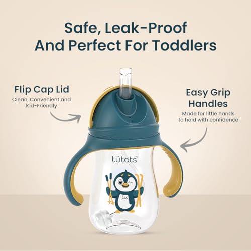 Image of tutots Premium Penguin Straw Sipper Bottle | Anti Spill Sippy Cup with Soft Silicone Straw BPA Free & Non-Toxic for Kids Above 1 Year -(240 ml Purple)