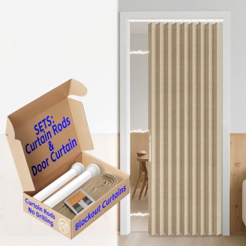 Image of AJAZZ Blackout Door Curtains with Curtain Rods Adjustable 28-39 inch Long Magnetic Door Curtain Blackout Curtains for Bedroom, Doorway Curtain Sets (1 Pack, 42 W x 78 L, Brown)