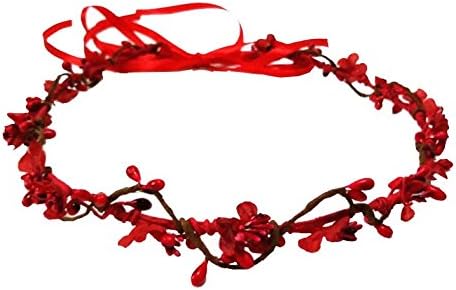 DIY Handmade Rustic Plum Blossom Flowers Headband with ribbon bridal Hair Crown Woodland Fairy Head Wreath Garland Floral Headpiece Wedding Headdress Headwear Red