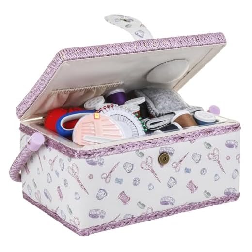 Large Wooden Sewing Box with Accessories Sewing Storage and Organizer with Complete Sewing Kit Tools, White Purple Sewing Basket with Removable Tray and Tomato Pincushion for Sewing Mending