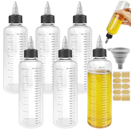 Realure 6 Stuks Knijpfles 250ml, Transparante Knijpfles met Schaalverdeling, Herbruikbaar Plastic Doseerfles met Schroefdop Trechter, Multifunctionele Sausflessen, voor Vloeibare Specerijen Saus Olie