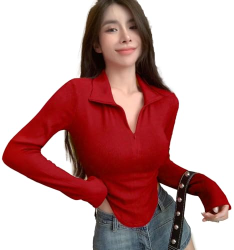 Image of Istyle Can Women's Top Solid Long Sleeve Ribbed Asymmetric Hem Casual T-Shirt with Zipper Collar. Full Sleeve, Rib Knit, Plain, Slim Fit