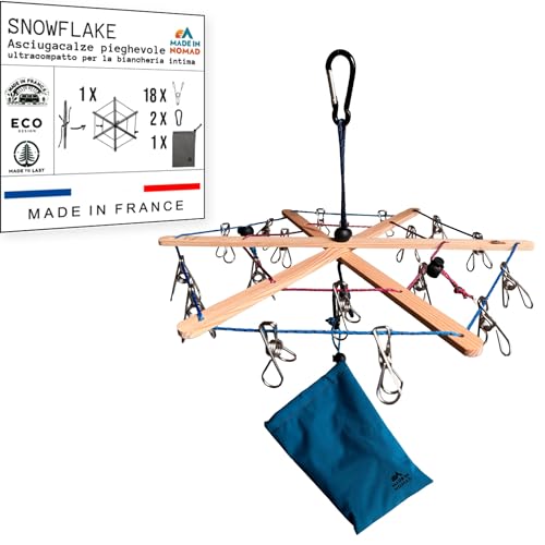 Snowflake: Stendi Calzini, Stendino da Viaggio con 18 Clip Mollette per Bucato, Portamollette Cestino, 2 Moschettone, Asciugatore salvaspazio, Campeggio Accessori Utili, Stendino Camper Made in France