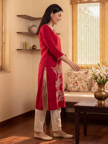 Image of INDO ERA Women Viscose Rayon Straight Fit Straight Floral Embroidered Kurtas