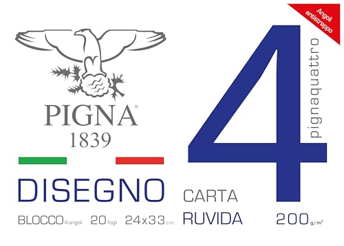 Pigna, Blocco da Disegno con 4 angoli PignaQuattro, Formato 24x33 cm., 20 Fogli da 200 g/m², Perfetto per Disegni e Schizzi, Carta Ruvida, confezione 1 pezzo