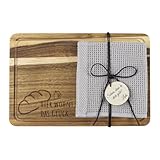 ZXShow Akazienholz Schneidebrett Set Einzugsgeschenk Wohnung Einweihungsgeschenk Haus Geschenkset Küche mit Geschirrtuch Holzanhänger Hier wohnt das Glück Frühstücksbrett Brotzeitbrett Gravur