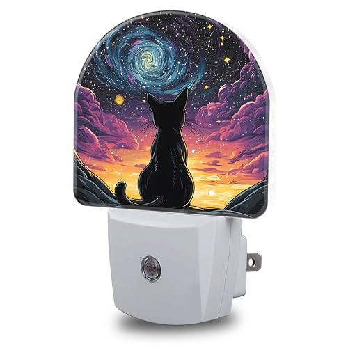 Image of Van Gogh Starry Night Night Light, Black Cat Night Lights Plug into Wall Dusk to Dawn Sensor Round Nightlight for Women Men Energy Efficient Led Lamp 0.5W for Stairway Hallway Bedroom