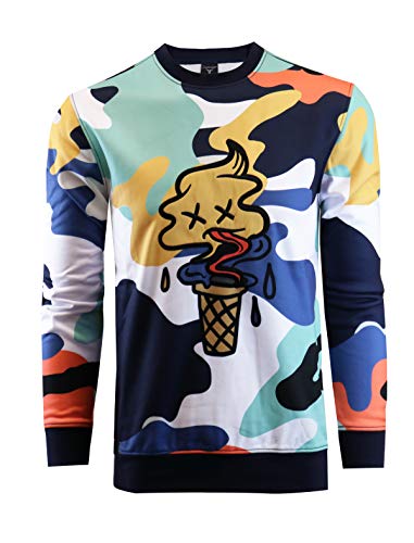 Screenshot-F11076 Mens Urban Hip Hop Fleece Pullover Top - I-Screen Cone Cartoon Animatin Camo Crew Neck Streetwear Sweatshirt-White-Medium #TOP1