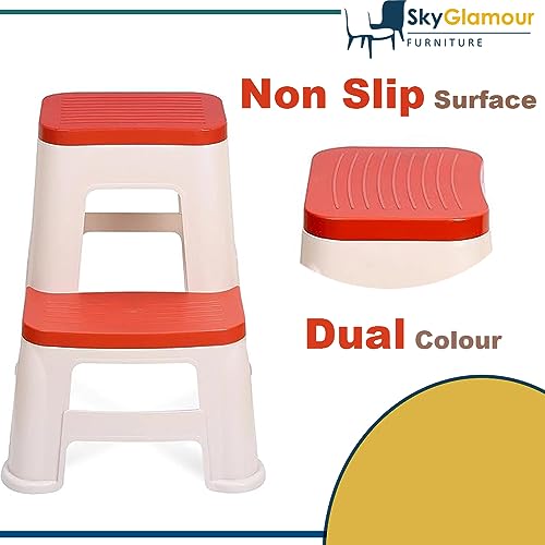 Image of SKYGLAMOUR 2-Step Plastic Heavy Duty Multi-Purpose Plastic Step Stool for Kitchen | Office&Home Use with Weight Bearing Capacity of 120 Kg |2 Step Stool for Home| Color: Red; Pack of 4