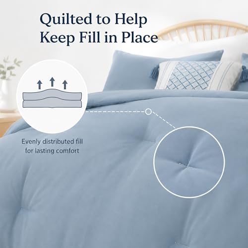 Image of weigelia Dusty Blue Comforter Set Full Size, 3 Pieces Lightweight Bedding Set with 1 Comforter & 2 Pillowcases, Soft Microfiber Blue Comforter, Breathable All Season Comforter Set, Machine Washable