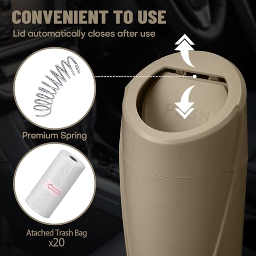 Image of Car Trash Can Bin with Lid - Car Garbage Can Cup Holder - Beige Mini Leakproof Vehicle Trash Garbage Can Bin with 20pcs Trash Bags-Car Organizers and Storage for Front Back Seat Accessories