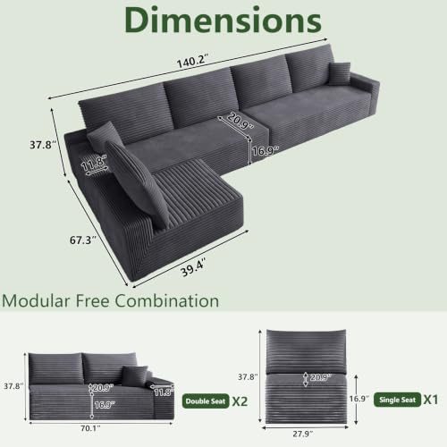 Image of Oversized Modular Sectional Sofa Couch, Large 6 Seater Corner Sofa Modern L Shaped Sectional Couch Cloud Couches for Living Room, Office, Spacious Space, Corduroy, No Assembly Required, Dark Grey