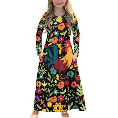 Girl Casual Long Sleeve Dresses Crewneck Casual Loose Dresses Maxi Floor Length Dresses Breathable