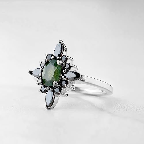 1.30cttw Green Natural Moss Agate Gemstone and Black Created Onyx Engagement Rings for Women 925 Sterling Silver Oval Marquise Round Cut Statement Ring Size 4-103