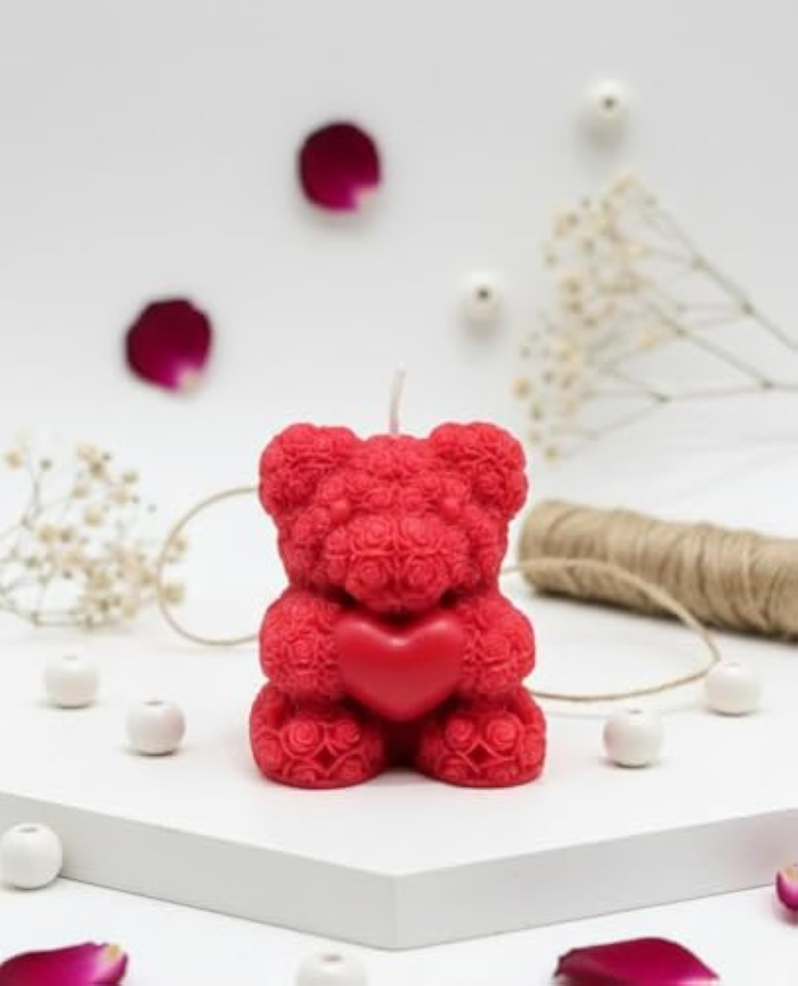 Rose Teddy Bear Candle with Heart
